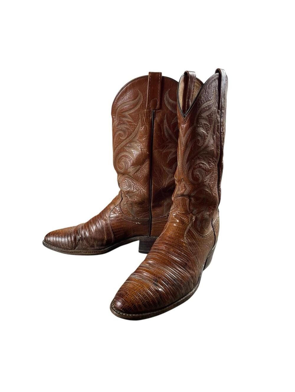 Vintage Dan Post Teju Lizard Leather Western Cowboy Boots Men's 9D Brown